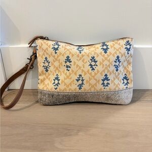 ANNGOTI Women's Wristlet Clutch Slim Wallet Bag in Canvas & Cowhide Leather